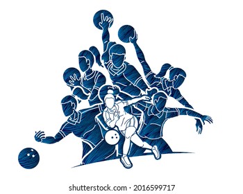 Bowling Sport Bowler Female Players Action Cartoon Graphic Vector