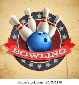 Bowling sport emblem with ball and pins on textured background vector illustration