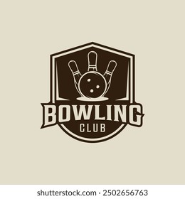 bowling sport emblem logo vintage vector illustration template icon graphic design. pins and ball sign or symbol for club or team for tournament league with retro badge concept