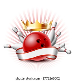 Bowling sport emblem with red glossy ball, bowling pins and white ribbon for lettering. Template for poster of Sport competition or Tournament. Vector illustration