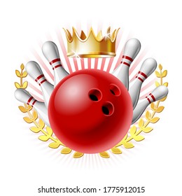 Bowling sport emblem with red glossy ball, bowling pins and golden crown of winner. Template for poster of Sport competition or Tournament. Vector illustration
