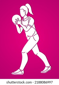 Bowling Sport Female Player Action Cartoon Graphic Vector