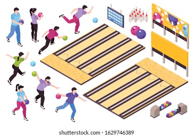 Bowling sport game entertainment isometric set with players throwing balls knocking pins score sheet frames vector illustration 