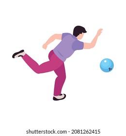Bowling sport game entertainment isometric composition with human character of player throwing ball vector illustration