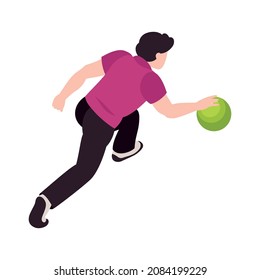 Bowling sport game entertainment isometric composition with human character of player throwing ball vector illustration