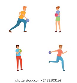 Iconos deportivos de boliche conjunto de dibujos animados Vector. Jugador de bolos preparar lanzar bola. Deporte, ocio, pasatiempo