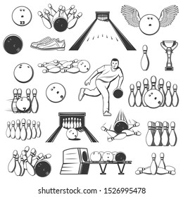 Bowling sport isolated item icons. Vector ninepins, trophy cups and alleys, ten-pins and winged ball with lanes, bowler and shoes, bowling pins shelves, strike and skittles, equipment