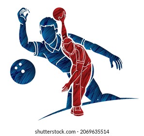 Bowling Sport Players Bowler Action Cartoon Graphic Vector