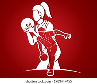 Bowling Sport Players Bowler Male and Female Action Cartoon Graphic Vector