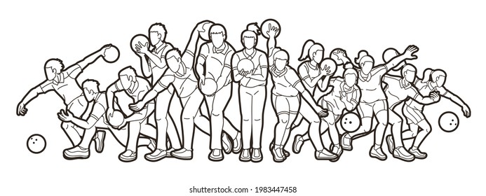 Bowling Sport Players Bowler Male   Female Action Cartoon Graphic Vector