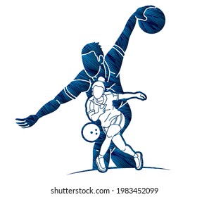 Bowling Sport Players Bowler Male and Female Action Cartoon Graphic Vector