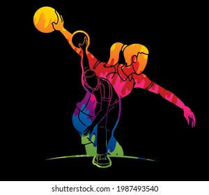 Bowling Sport Players Bowler Male and Female Action Cartoon Graphic Vector