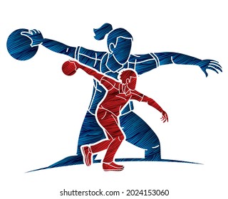 Bowling Sport Players Bowler Male and Female Action Cartoon Graphic Vector