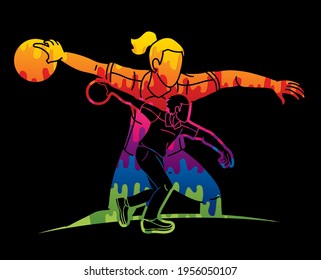 Bowling Sport Players Men and Women Pose Cartoon Graphic Vector