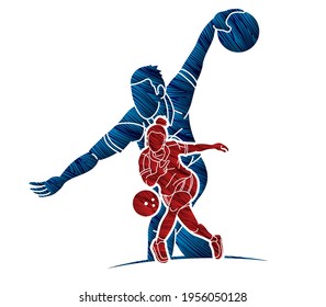 Bowling Sport Players Men and Women Pose Cartoon Graphic Vector