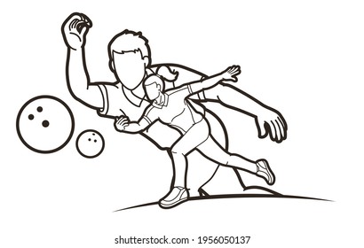 Bowling Sport Players Men and Women Pose Cartoon Graphic Vector