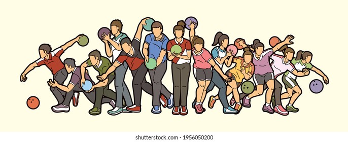 Bowling Sport Players Men and Women Pose Cartoon Graphic Vector