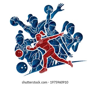 Bowling Sport Players Women Bowler Action Cartoon Graphic Vector