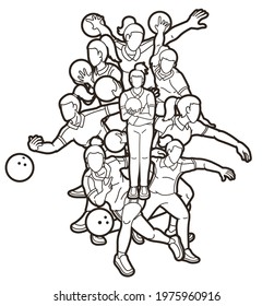 Bowling Sport Players Women Bowler Action Cartoon Graphic Vector