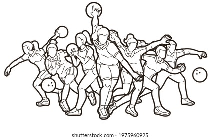 Bowling Sport Players Women Bowler Action Cartoon Graphic Vector