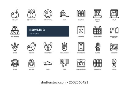 bowling sport recreation champion league detailed outline line icon set