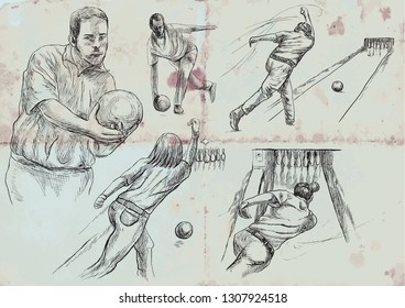 BOWLING - An sportmen. An hand drawn VECTOR collection. Illustrations in retro, vintage style. Freehand sketching. Drawing of an sporting event. Blue background - an old paper.