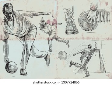 BOWLING - An sportmen. An hand drawn VECTOR collection. Illustrations in retro, vintage style. Freehand sketching. Drawing of an sporting event. Blue background - an old paper.