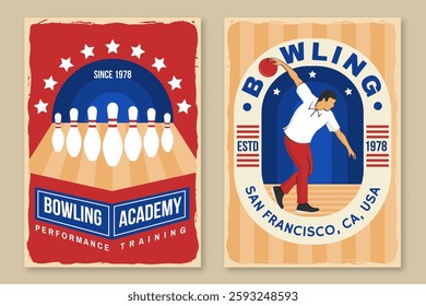 Bowling sports club flyer, poster, banner design. Vintage design with professional bowling player, bowling pins and ball silhouette. Vector.