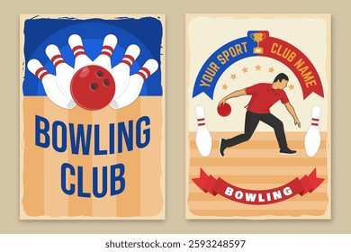 Bowling sports club flyer, poster, banner design. Vintage design with professional bowling player, bowling pins and ball silhouette. Vector.