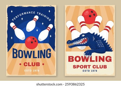 Bowling sports club flyer, poster, banner design. Vintage design with professional bowling player, crocodile, bowling pins and ball silhouette. Vector.