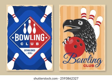 Bowling sports club flyer, poster, banner design. Vintage design with professional bowling player, eagle, bowling pins and ball silhouette. Vector.