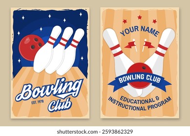 Bowling sports club flyer, poster, banner design. Vintage design with professional bowling player, bowling pins and ball silhouette. Vector.