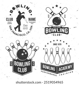 Bowling sports club logo, badge design. Vintage design with athlete bowling shoot pins, bowling pins and ball silhouette. Vector