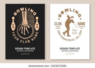 Bowling sports club poster. Vintage design with athlete, bowling pins and skeleton hand with bowling ball silhouette. Vector.