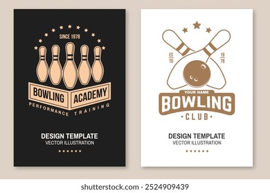 Bowling sports club poster. Vintage design with bowling pins, ball, athlete bowling shoot pins silhouette. Vector.