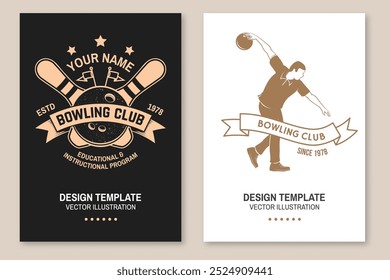 Bowling sports club poster. Vintage design with bowling pins, ball, athlete bowling shoot pins silhouette. Vector.