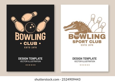 Bowling sports club poster. Vintage design with crocodile and bowling ball silhouette. Vector.