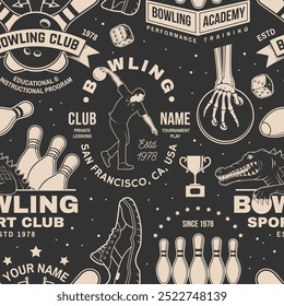 Bowling sports club seamless pattern. Vector illustration. Vintage monochrome label, sticker, patch with bowling ball and athlete bowling shoot pins silhouettes.