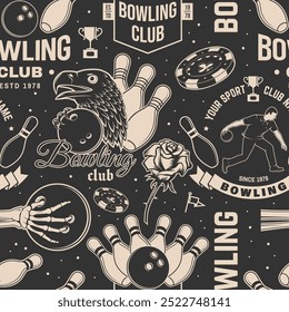 Bowling sports club seamless pattern. Vector illustration. Vintage monochrome label, sticker, patch with bowling ball and athlete bowling shoot pins silhouettes.