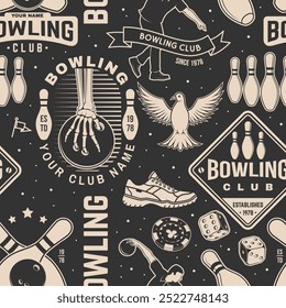 Bowling sports club seamless pattern. Vector illustration. Vintage monochrome label, sticker, patch with bowling ball and athlete bowling shoot pins silhouettes.