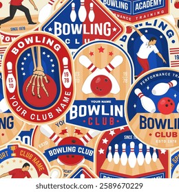 Bowling sports club seamless pattern with emblems, logos. Background, wallpaper, seamless pattern with bowling pins, skeleton hand, player and ball. Vector.