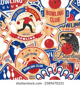 Bowling sports club seamless pattern with emblems, logos. Background, wallpaper, seamless pattern with bowling pins, eagle and ball. Vector.