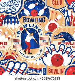 Bowling sports club seamless pattern with emblems, logos. Background, wallpaper, seamless pattern with bowling pins, crocodile and ball. Vector.