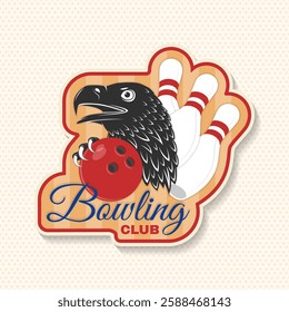 Bowling sports club sticker, logo, badge design. Vintage design with eagle and bowling ball silhouette. Vector.