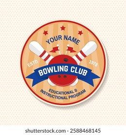 Bowling sports club sticker, logo, badge design. Vintage design with bowling pins and ball silhouette. Vector.