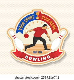 Bowling sports club sticker, logo, badge design. Vintage design with bowling pins and ball silhouette. Vector.