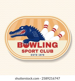 Bowling sports club sticker, logo, badge design. Vintage design with crocodile and bowling ball silhouette. Vector.