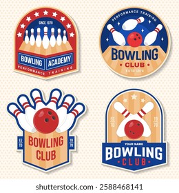 Bowling sports club stickers, logos, badges design. Vintage design with bowling pins and ball silhouette. Vector.