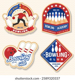 Bowling sports club stickers, logos, badges design. Vintage design with bowling pins and ball silhouette. Vector.