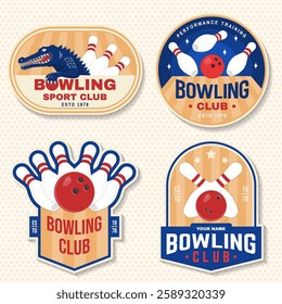 Bowling sports club stickers, logos, badges design. Vintage design with bowling pins, crocodile and ball silhouette. Vector.